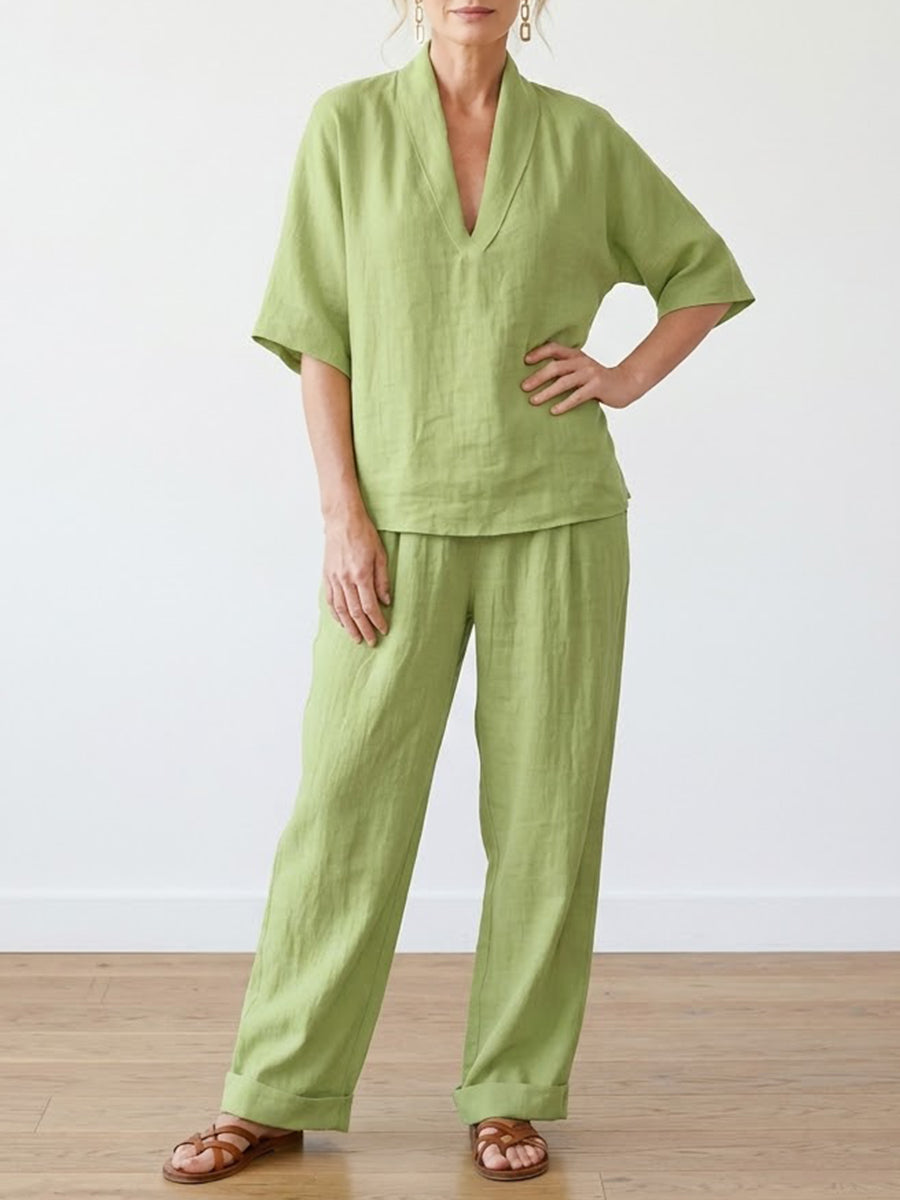 Completo Donna Due Pezzi in Lino Stile Casual Vestibilità Confortevole