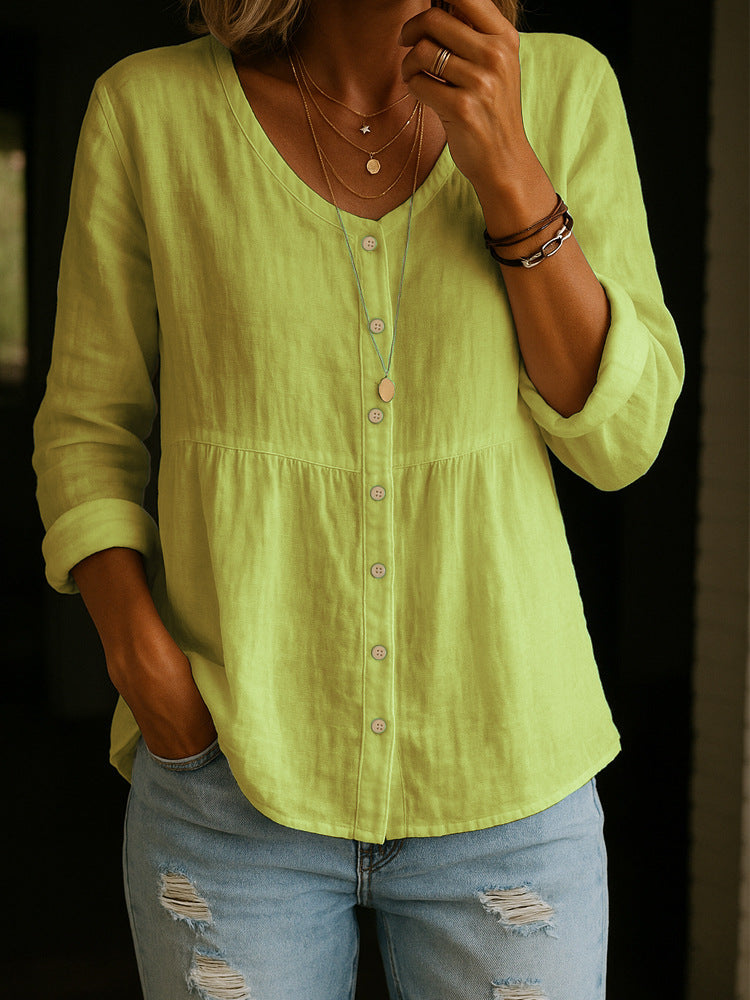 Camicia Donna in Misto Lino Cotone Ampia Maniche Lunghe Scollo Rotondo