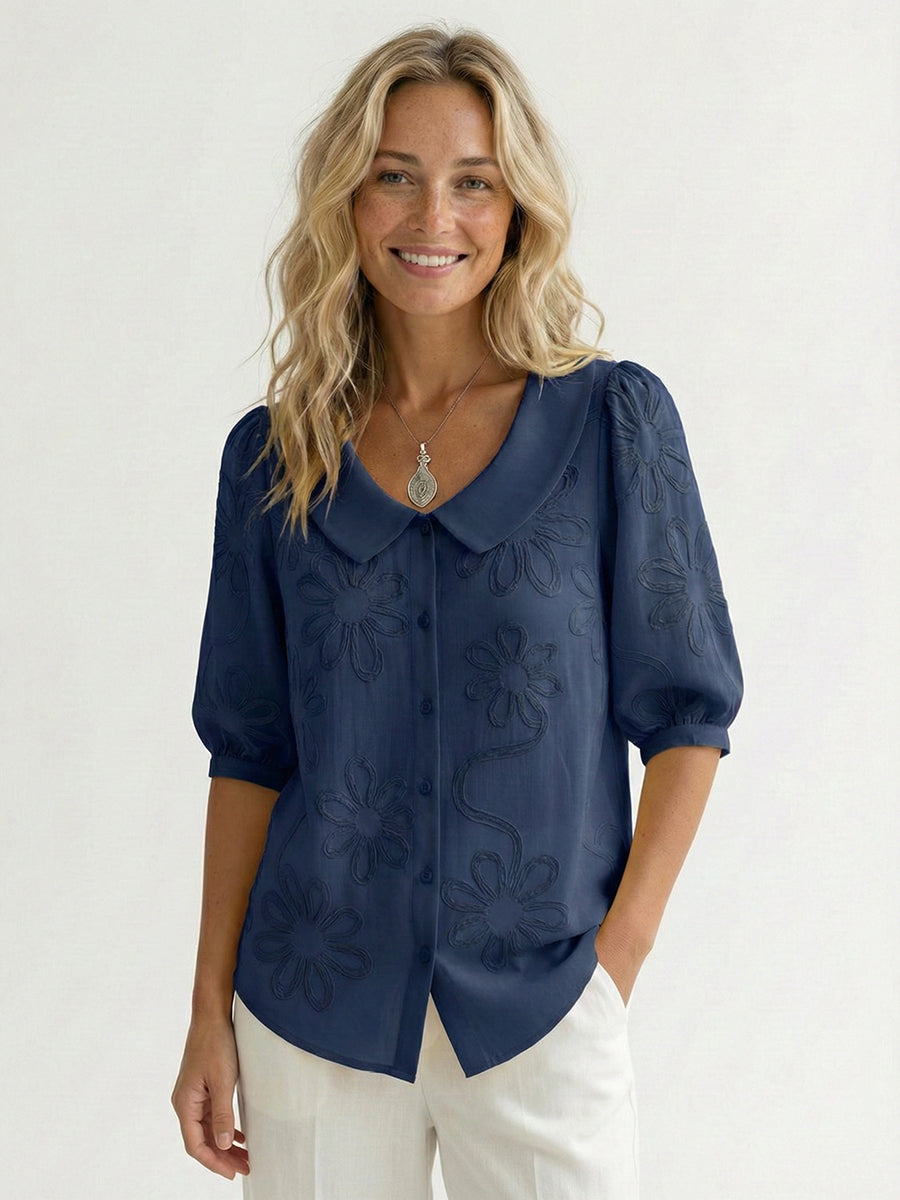Camicia Donna Cotone Ricamo Floreale Colletto Peter Pan Casual