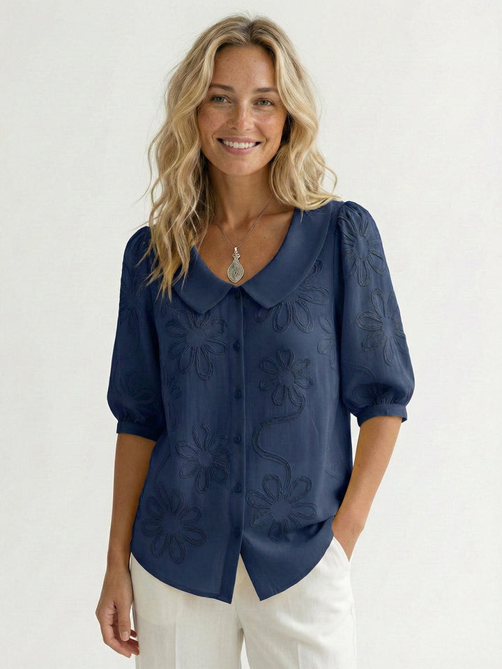 Camicia Donna Cotone Ricamo Floreale Colletto Peter Pan Casual