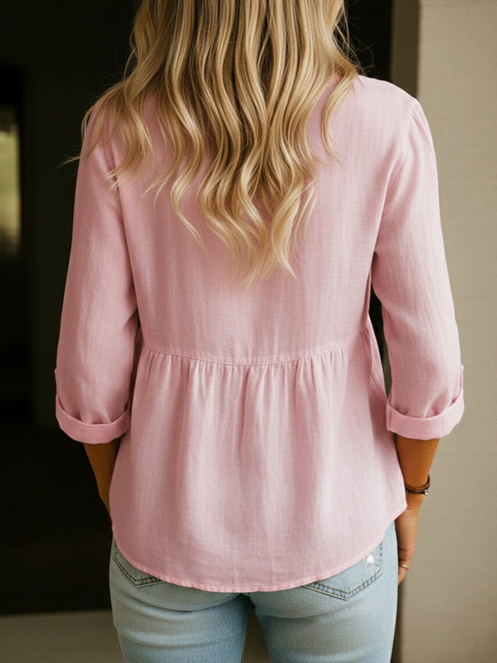 Camicia Donna in Misto Lino Cotone Ampia Maniche Lunghe Scollo Rotondo