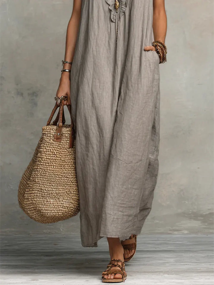 Abito Casual Donna Cotone Lino con Volant