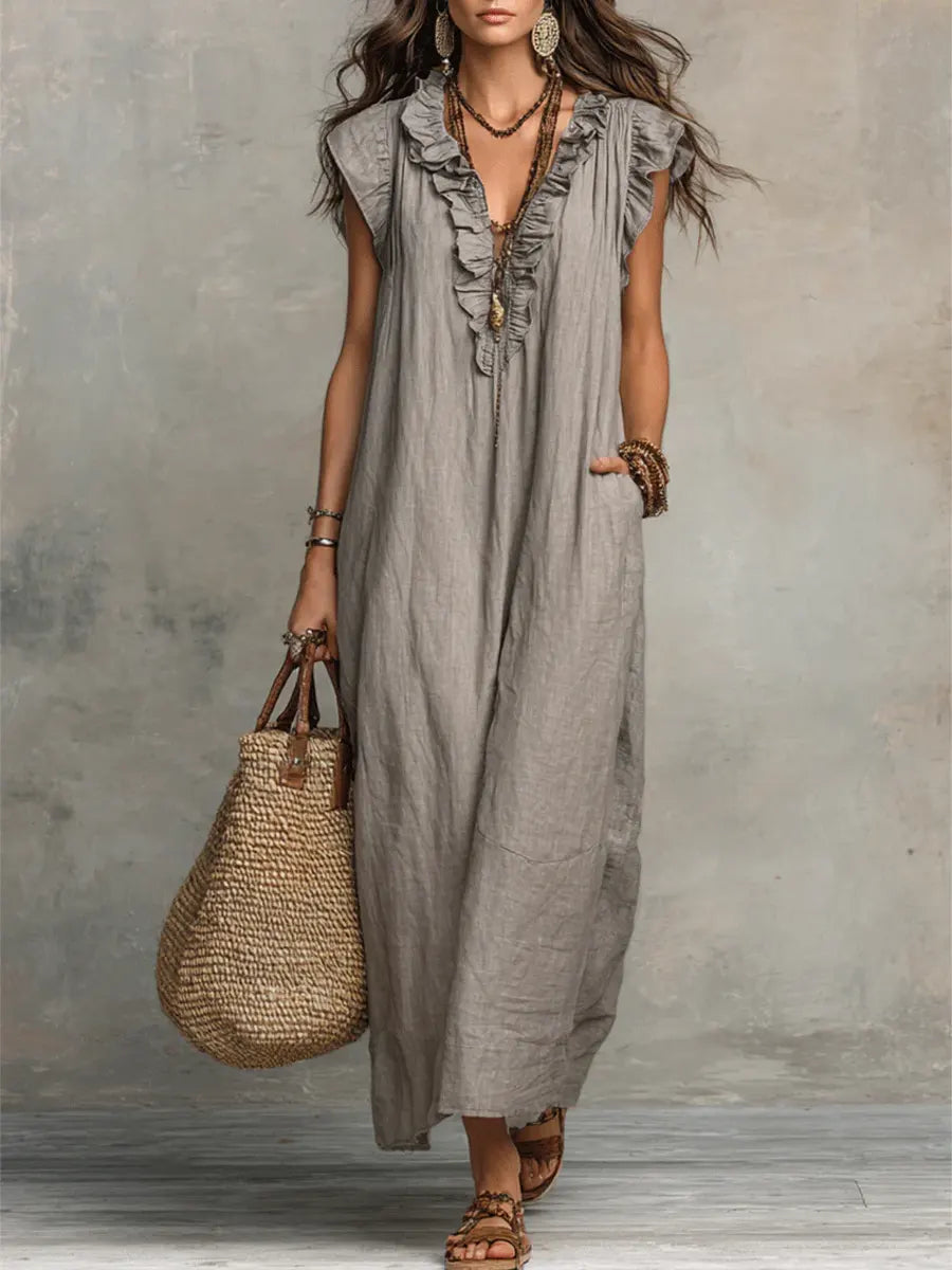 Abito Casual Donna Cotone Lino con Volant
