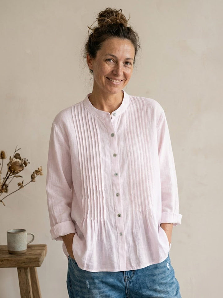 Camicia Donna Plissettata Cotone Lino Stile Estivo Casual Traspirante