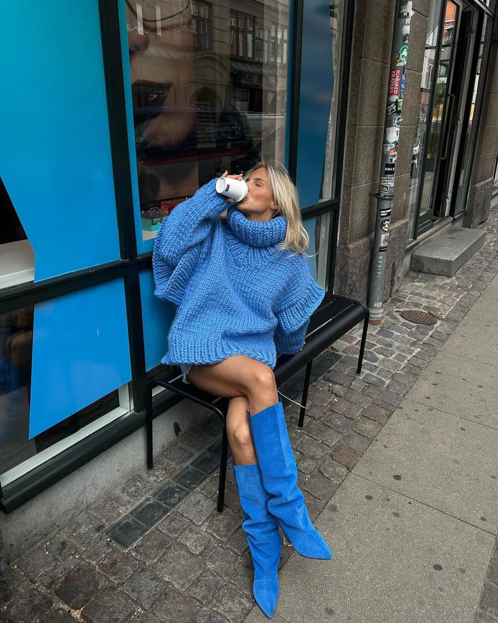 Maglione Donna Lavorato a Maglia Collo Alto Maniche a Sbuffo Oversize
