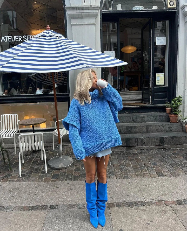 Maglione Donna Lavorato a Maglia Collo Alto Maniche a Sbuffo Oversize
