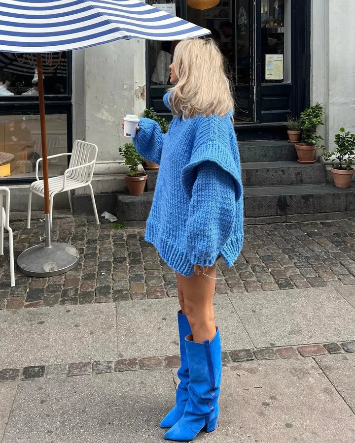 Maglione Donna Lavorato a Maglia Collo Alto Maniche a Sbuffo Oversize