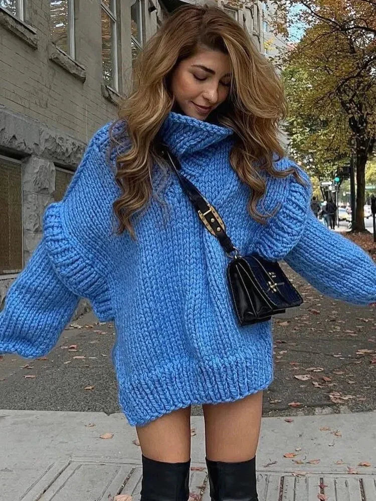 Maglione Donna Lavorato a Maglia Collo Alto Maniche a Sbuffo Oversize