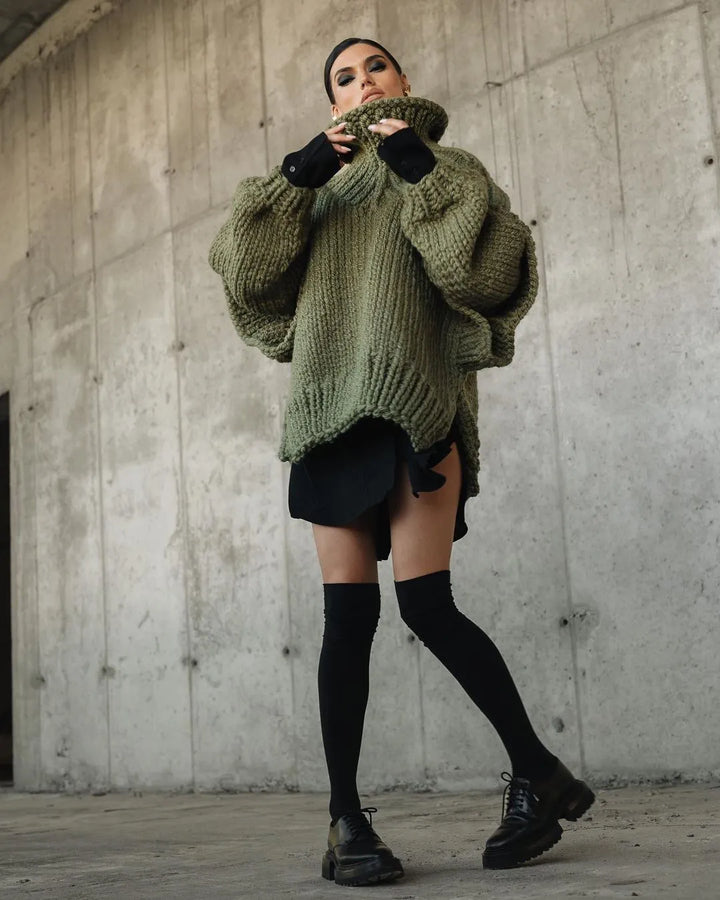 Maglione Donna Lavorato a Maglia Collo Alto Maniche a Sbuffo Oversize