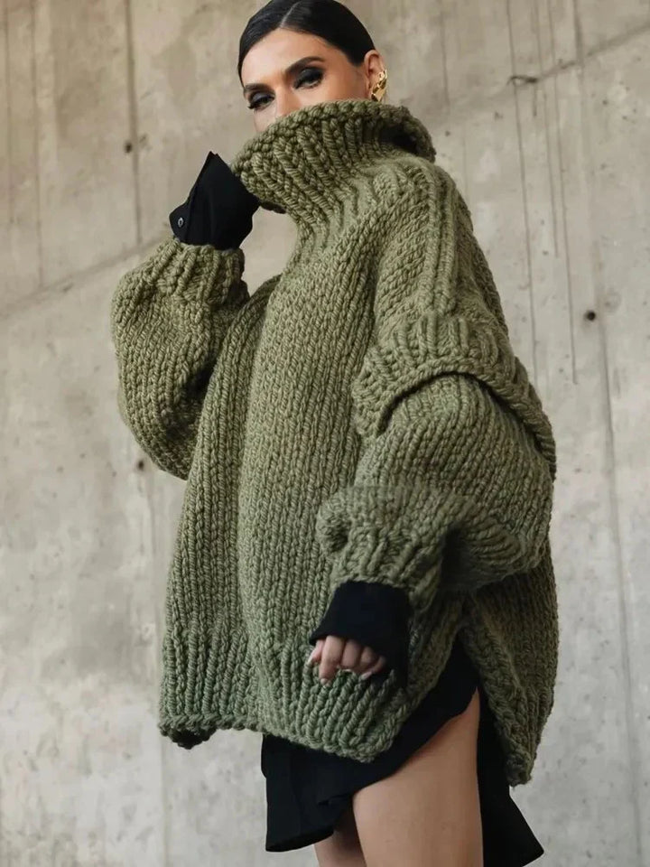 Maglione Donna Lavorato a Maglia Collo Alto Maniche a Sbuffo Oversize