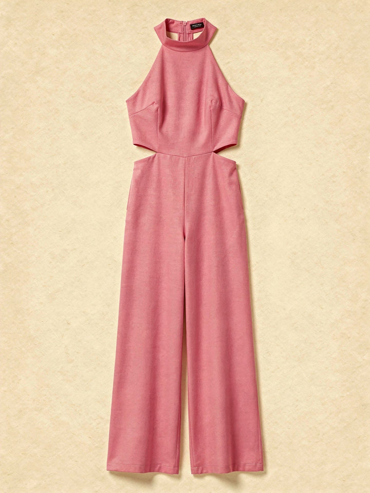 Tuta Donna Collo Halter Tessuto Leggero Gamba Larga