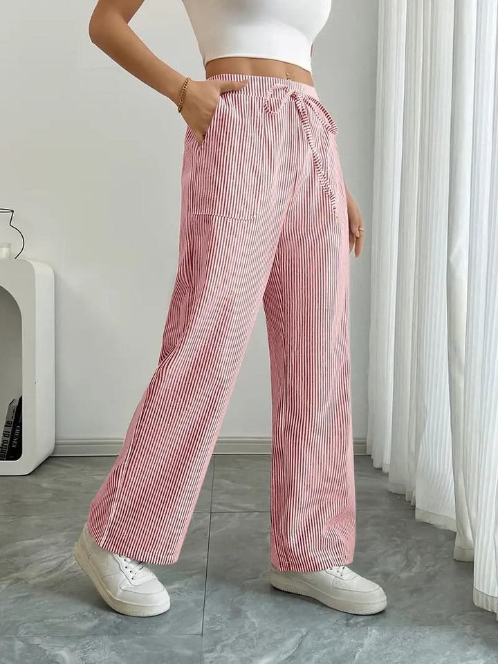 Pantaloni Donna a Gamba Larga Vita Alta Tessuto Morbido