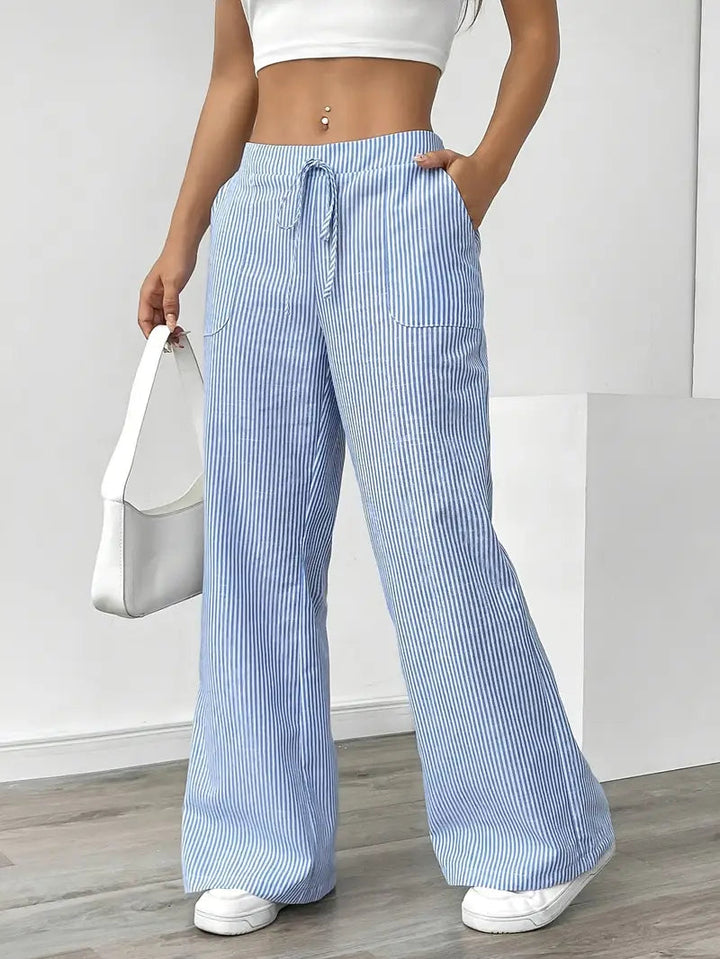 Pantaloni Donna a Gamba Larga Vita Alta Tessuto Morbido