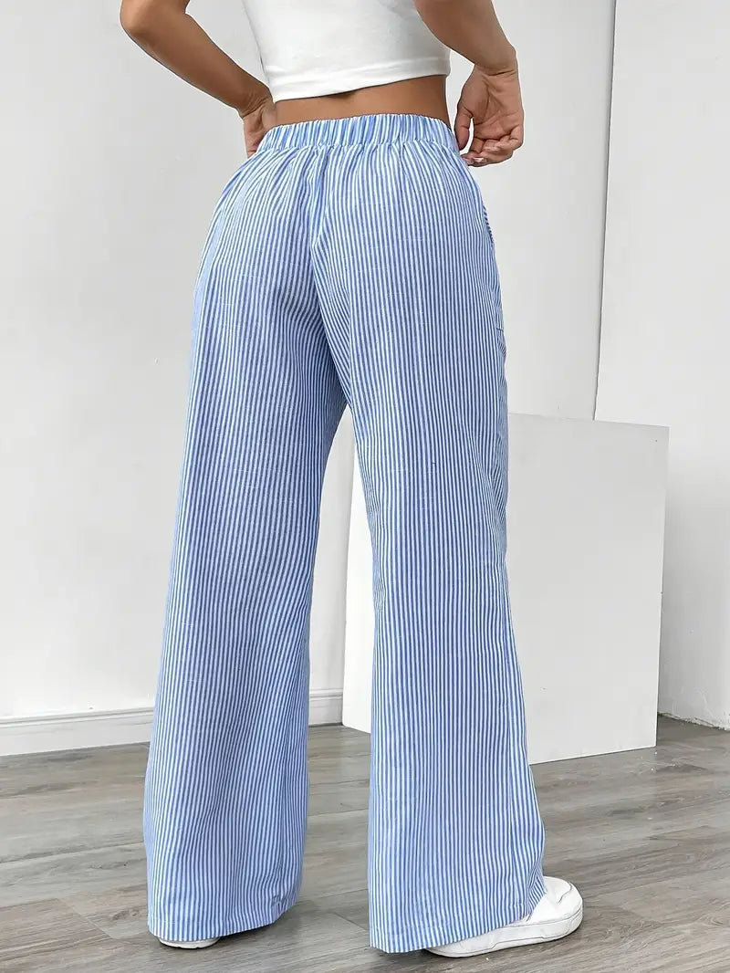 Pantaloni Donna a Gamba Larga Vita Alta Tessuto Morbido