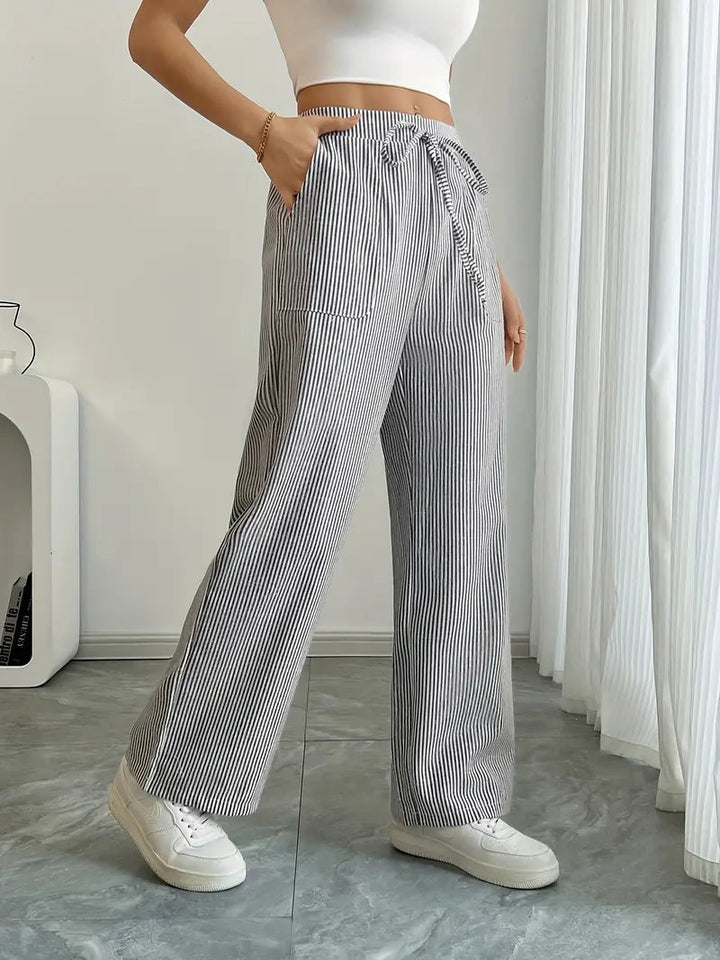 Pantaloni Donna a Gamba Larga Vita Alta Tessuto Morbido