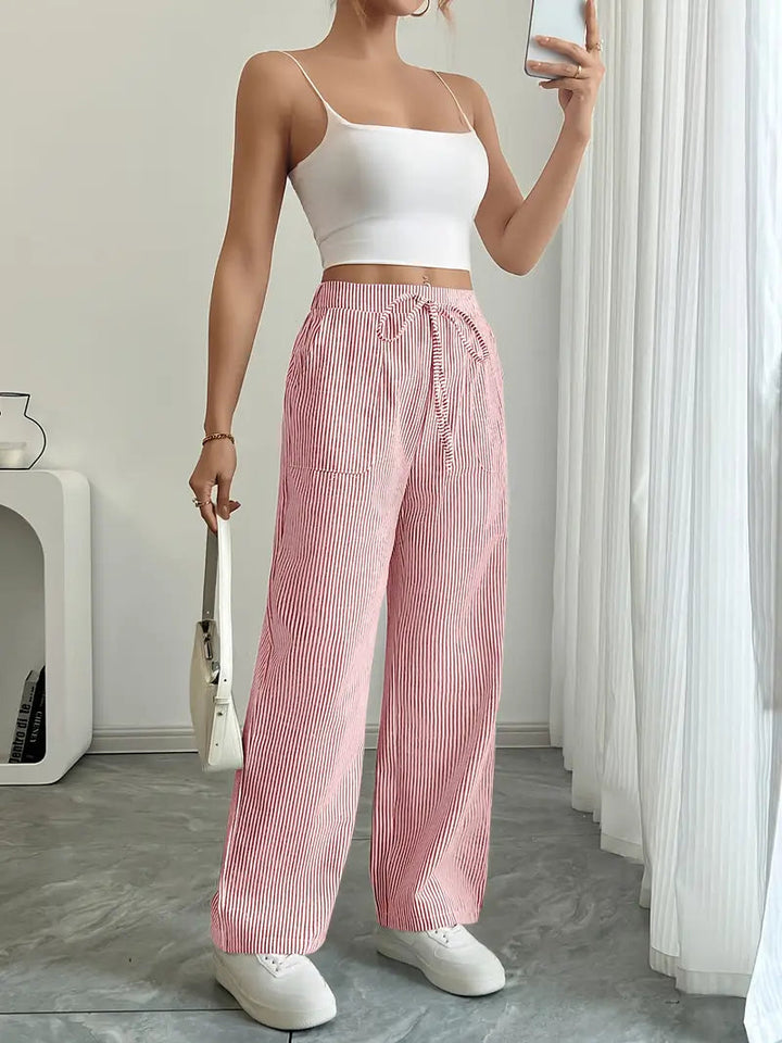 Pantaloni Donna a Gamba Larga Vita Alta Tessuto Morbido