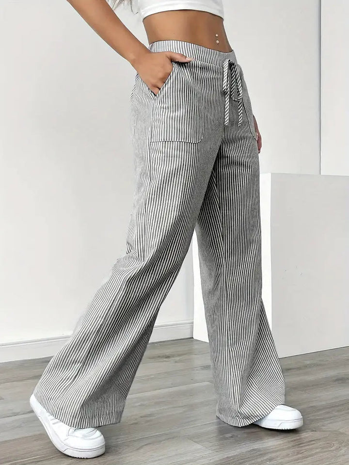 Pantaloni Donna a Gamba Larga Vita Alta Tessuto Morbido