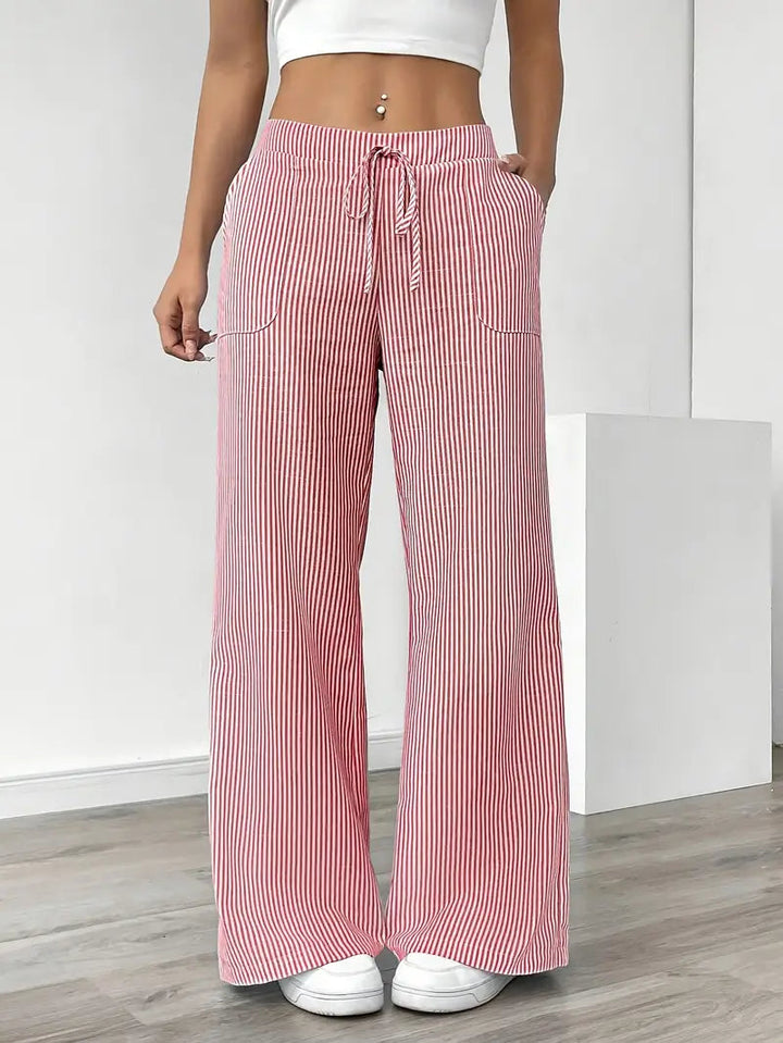 Pantaloni Donna a Gamba Larga Vita Alta Tessuto Morbido
