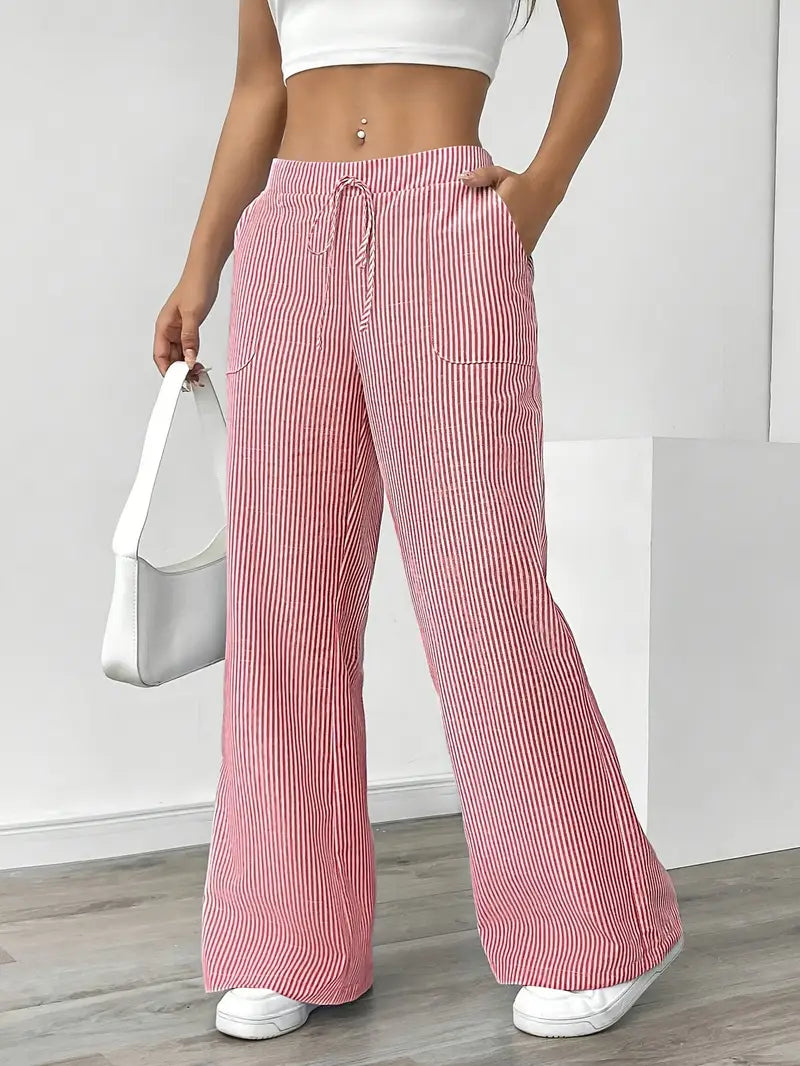 Pantaloni Donna a Gamba Larga Vita Alta Tessuto Morbido