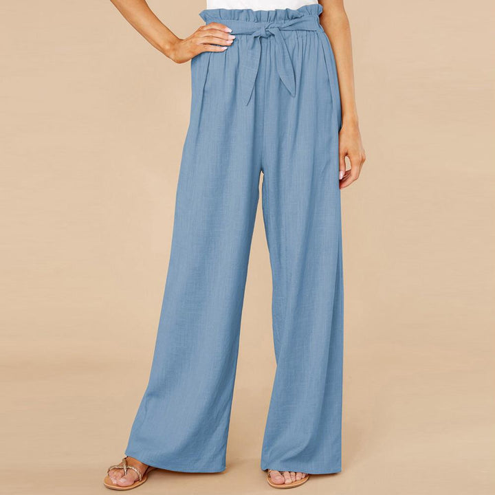 Pantaloni palazzo blu donna, vita alta con cintura, tessuto leggero, moda estiva casual, eleganti e comodi, perfetti per ogni occasione.