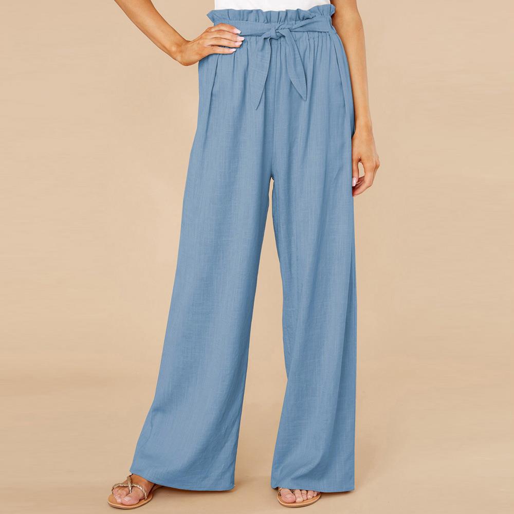 Pantaloni palazzo donna blu, vita alta con cintura, tessuto leggero, moda estiva casual, eleganti e comodi, perfetti per ogni occasione.