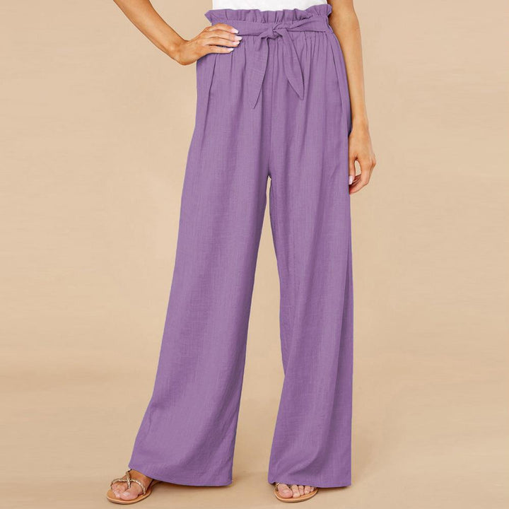 Pantaloni palazzo viola da donna con vita alta arricciata e cintura, moda estiva elegante, tessuto leggero, perfetti per look casual e chic.