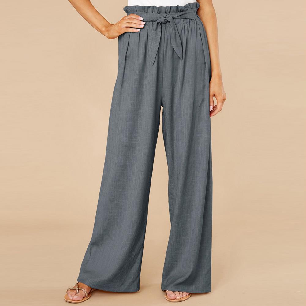 Pantaloni a palazzo grigi da donna con vita alta arricciata e cintura, stile elegante e casual, perfetti per moda estiva e abbigliamento quotidiano.