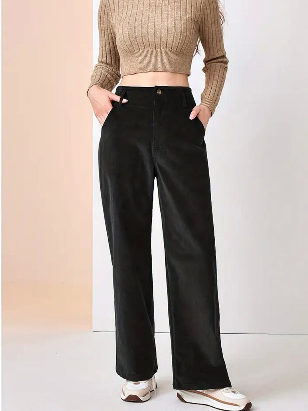 Pantaloni Donna Tessuto a Coste Gamba Larga Comodi - Vesarelli