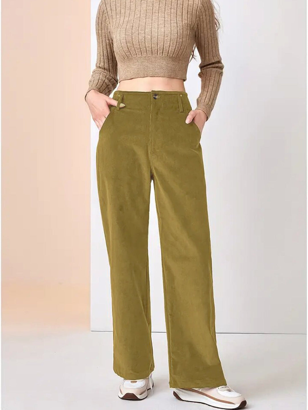 Pantaloni Donna Tessuto a Coste Gamba Larga Comodi - Vesarelli