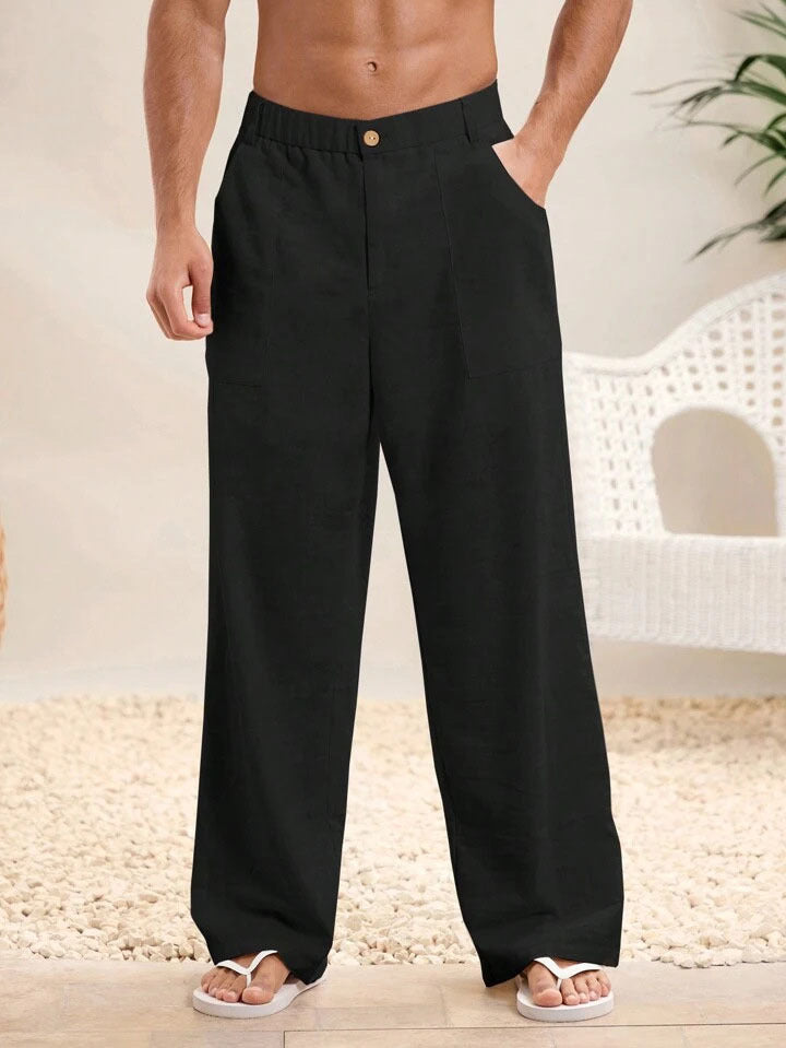Pantaloni neri da uomo in lino, larghi e comodi, con tasche laterali, ideali per l&