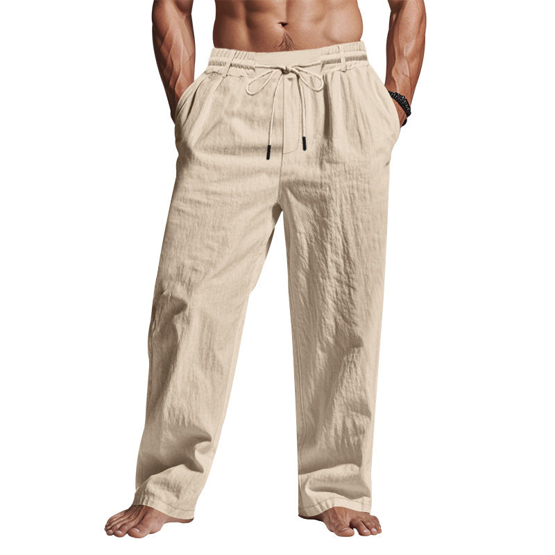 Pantaloni uomo beige in lino, elastico in vita, tasche laterali, stile casual estivo, comodi e traspiranti, perfetti per look rilassato.