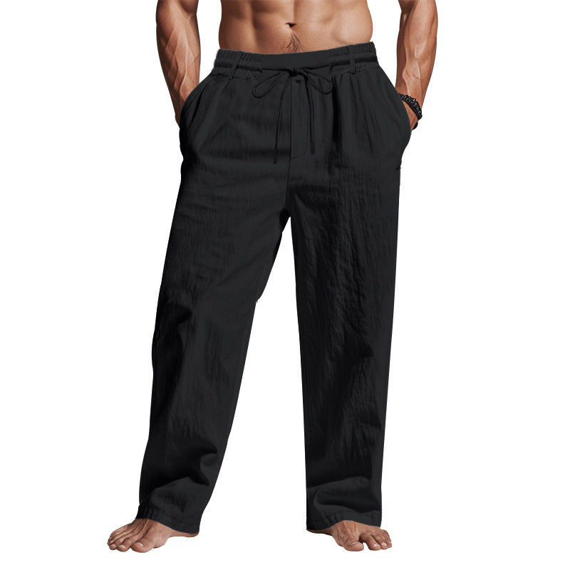 Pantaloni uomo neri in lino, vita elastica con coulisse, tasche laterali, stile casual, perfetti per estate e tempo libero.