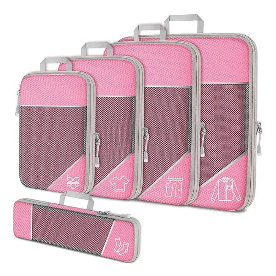 Set di organizer da viaggio rosa, 5 pezzi, con cerniera. Include borse per vestiti, scarpe e accessori. Ideale per valigie e zaini.