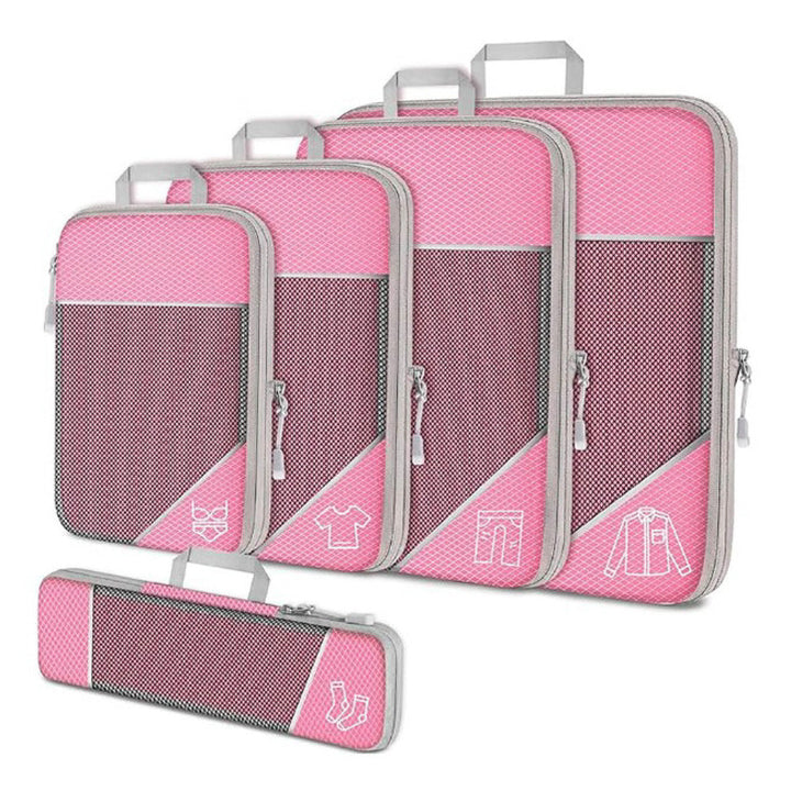 Set di organizer da viaggio rosa, 5 pezzi, con cerniera. Include borse per vestiti, scarpe e accessori. Ideale per valigie e zaini.