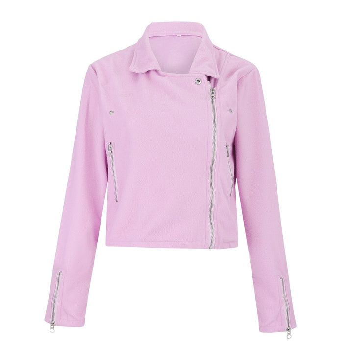 Giacca biker donna rosa pastello, zip asimmetrica, maniche lunghe, stile casual, moda femminile, abbigliamento trendy, tessuto leggero.