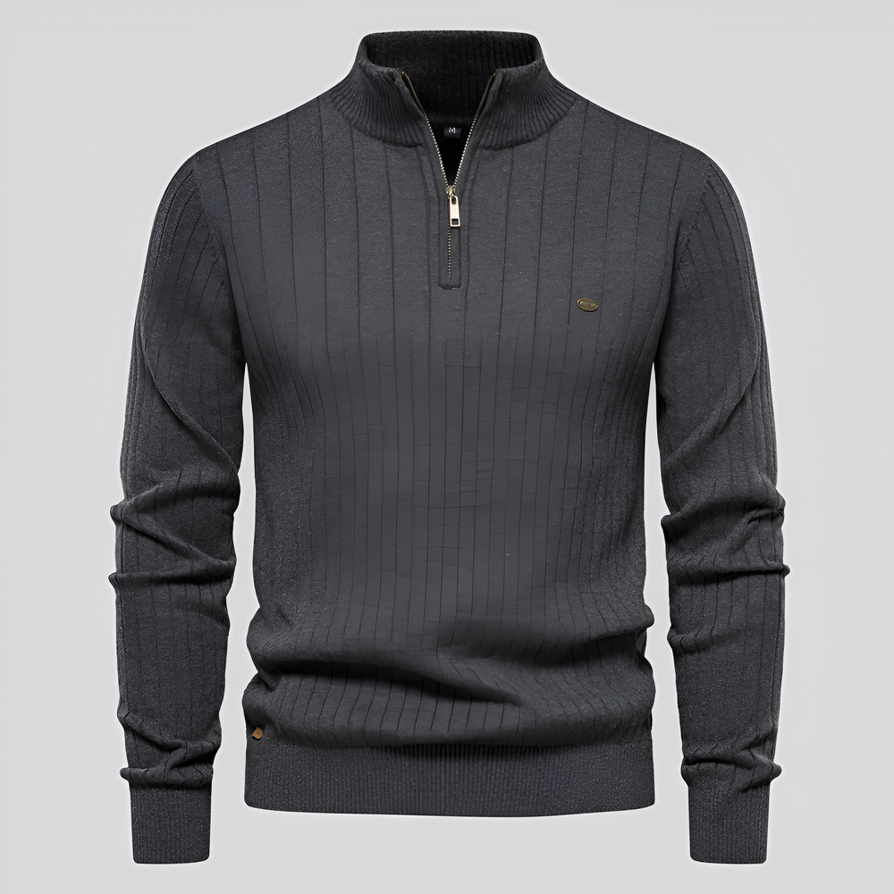 Maglione uomo grigio scuro con zip, collo alto, design a righe verticali, maniche lunghe, elegante e casual, perfetto per l'autunno e l'inverno.