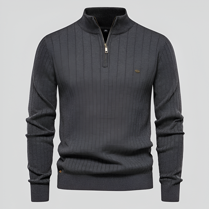 Maglione uomo grigio scuro con zip, collo alto, design a righe verticali, maniche lunghe, elegante e casual, perfetto per l'autunno e l'inverno.