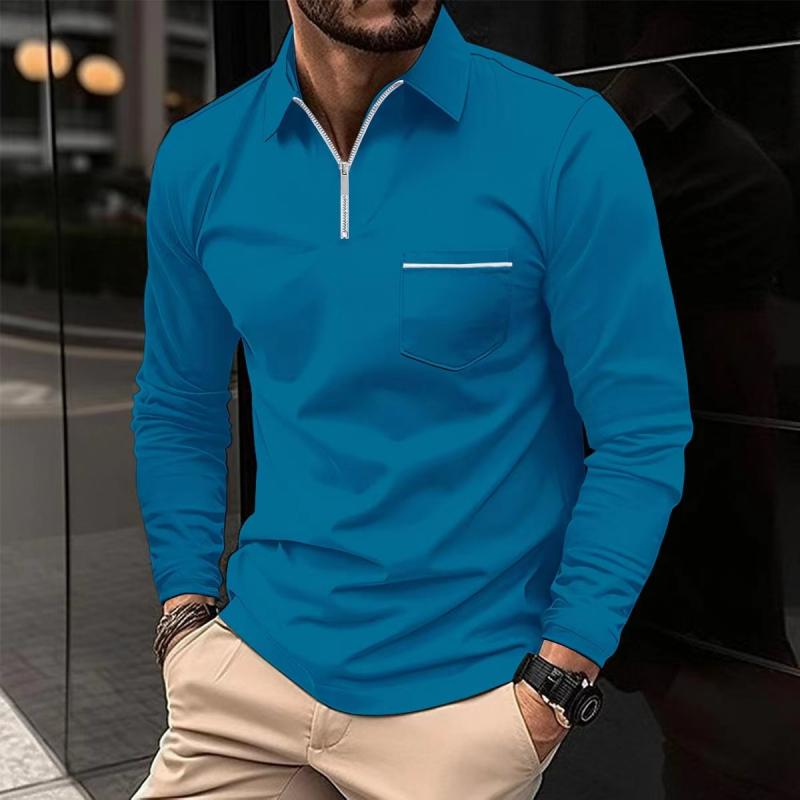Polo Uomo Maniche Lunghe Cotone Casual con Taschino Sul Petto