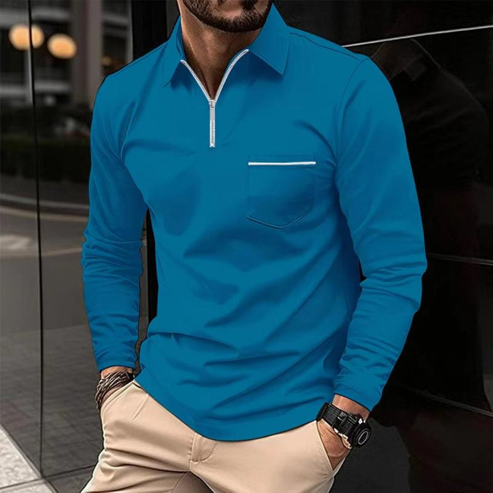 Polo Uomo Maniche Lunghe Cotone Casual con Taschino Sul Petto