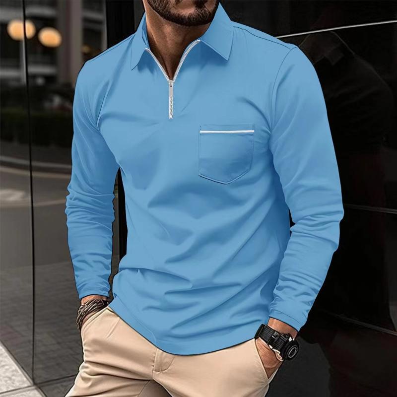 Polo Uomo Maniche Lunghe Cotone Casual con Taschino Sul Petto