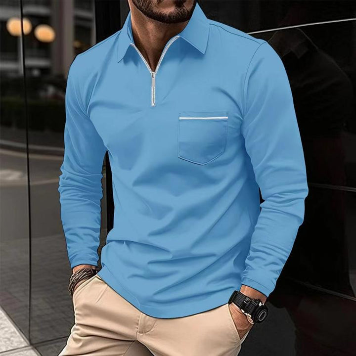 Polo Uomo Maniche Lunghe Cotone Casual con Taschino Sul Petto