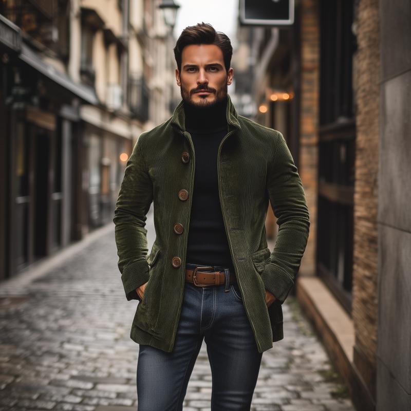 Cappotto Corto Uomo in Velluto a Coste Slim Fit Collo Alto