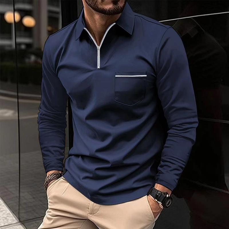Polo Uomo Maniche Lunghe Cotone Casual con Taschino Sul Petto