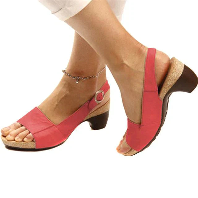 Sandali donna rosa con tacco medio, cinturino regolabile, suola in sughero, design elegante e comodo, perfetti per l'estate.