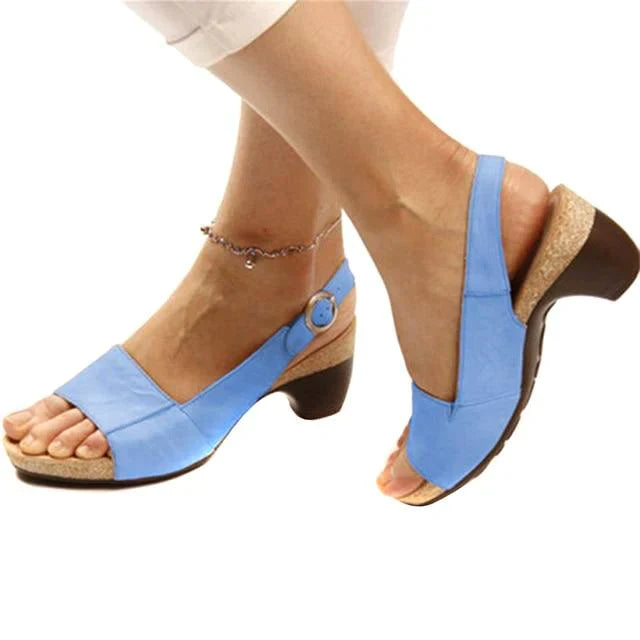 Sandali donna blu con tacco medio, cinturino regolabile, suola in sughero, design elegante e comodo, perfetti per l'estate.