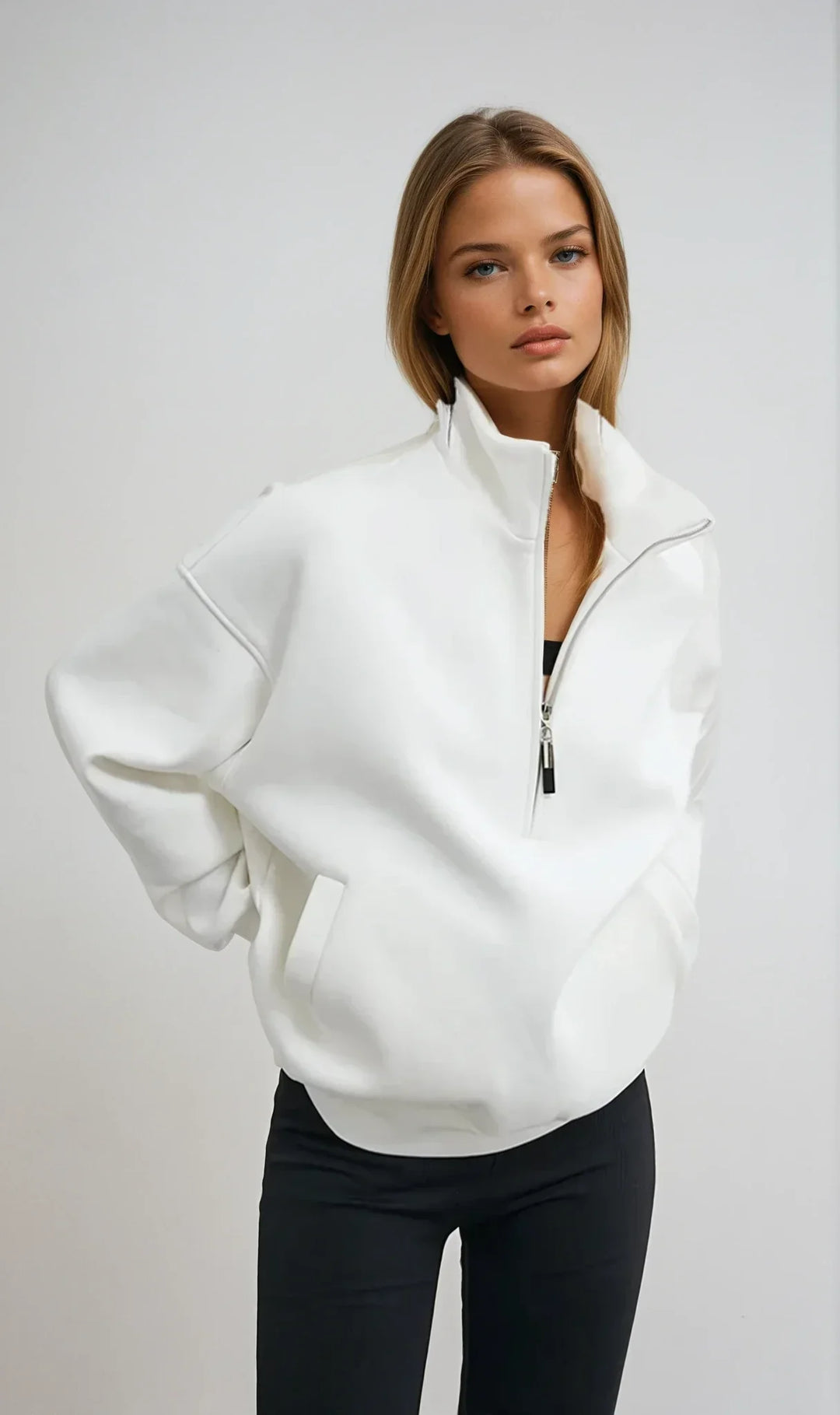 Felpa Donna con Cappuccio Mezza Zip Cotone Oversize - Vesarelli