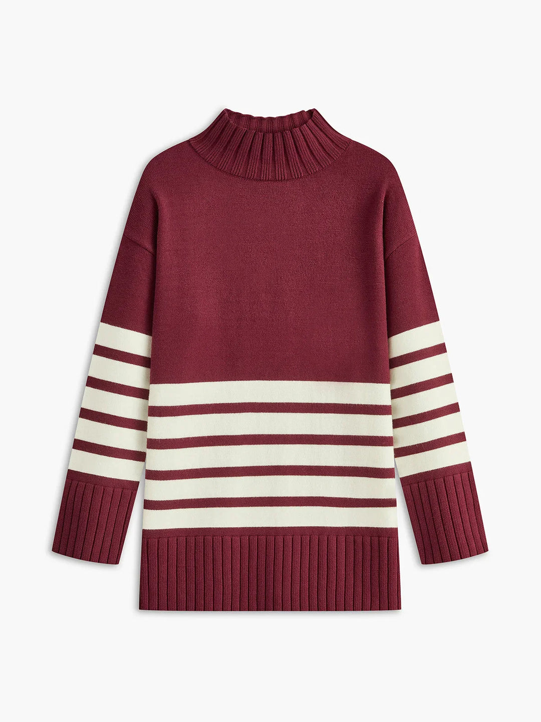 Pull à col montant rayé pour femme, en coton doux, parfait pour les journées fraîches.