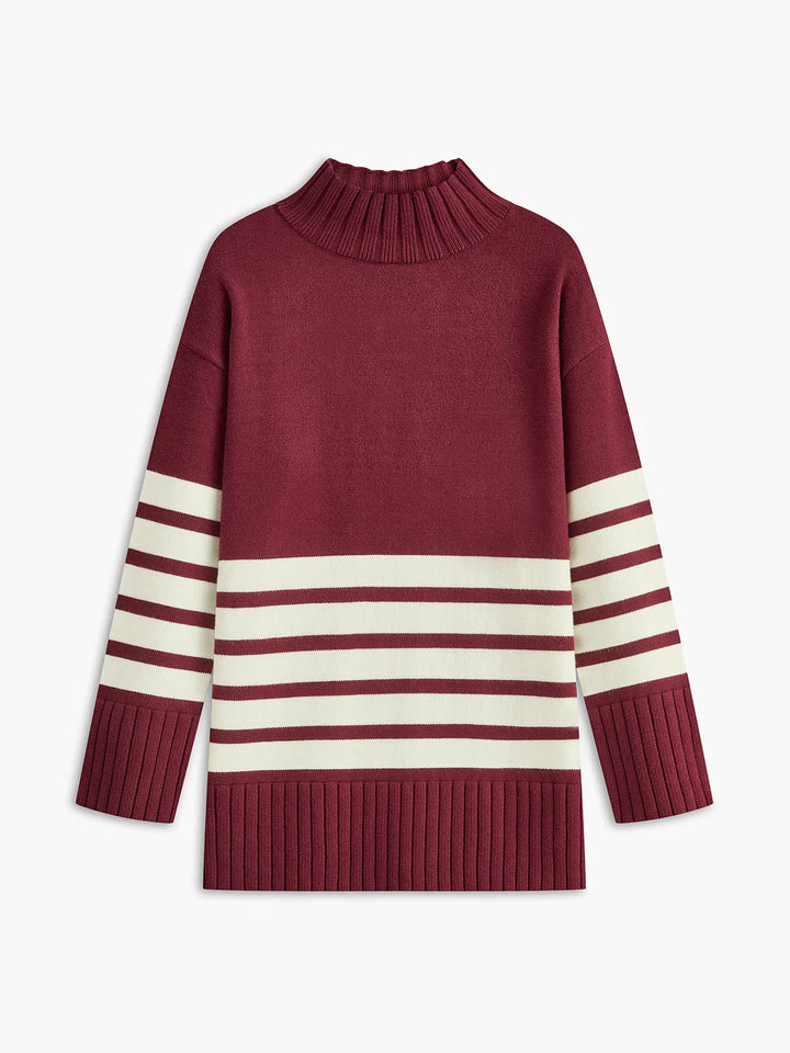 Pull à col montant rayé pour femme, en coton doux, parfait pour les journées fraîches.