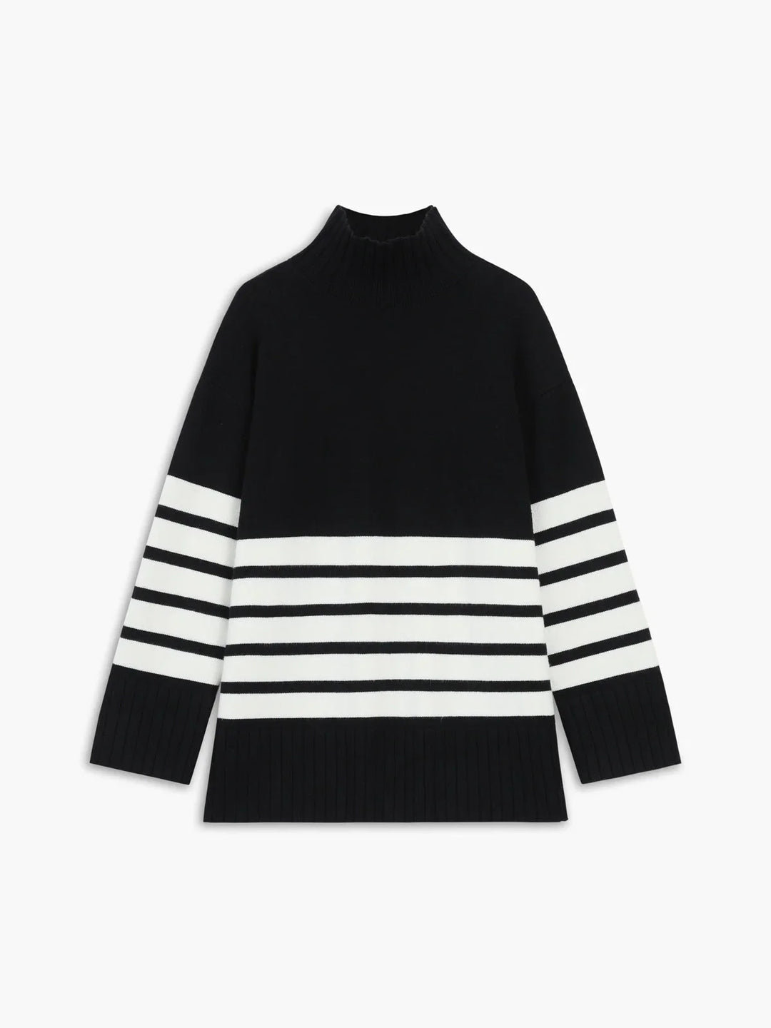 Pull à col montant rayé pour femme, en mélange de coton, offrant confort et chaleur. Couleur : blanc.