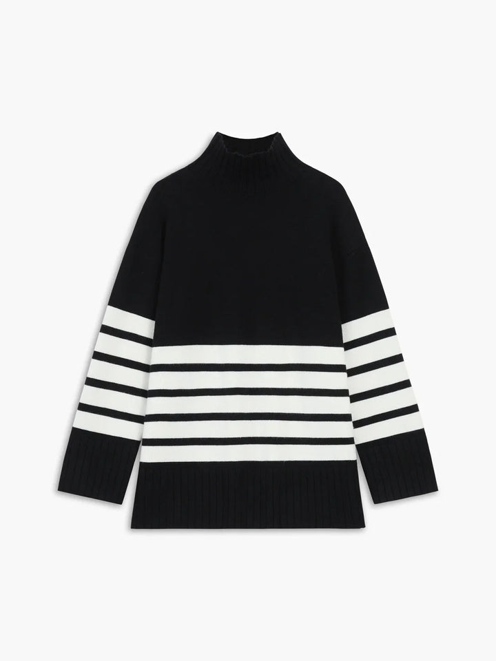Pull à col montant rayé pour femme, en mélange de coton, offrant confort et chaleur. Couleur : blanc.